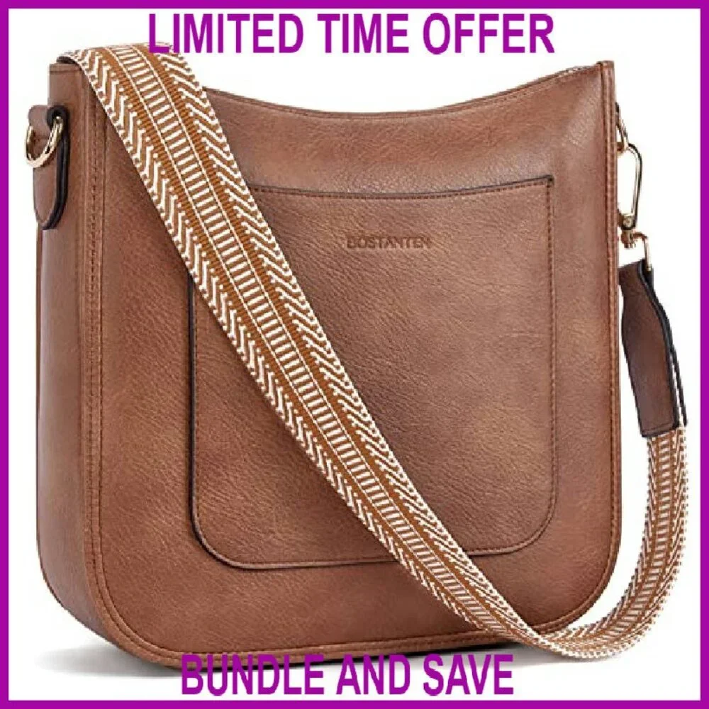 Vegan Leather Crossbody Bag Adjustable Guitar Strap Multi-Pocket Hobo Purse